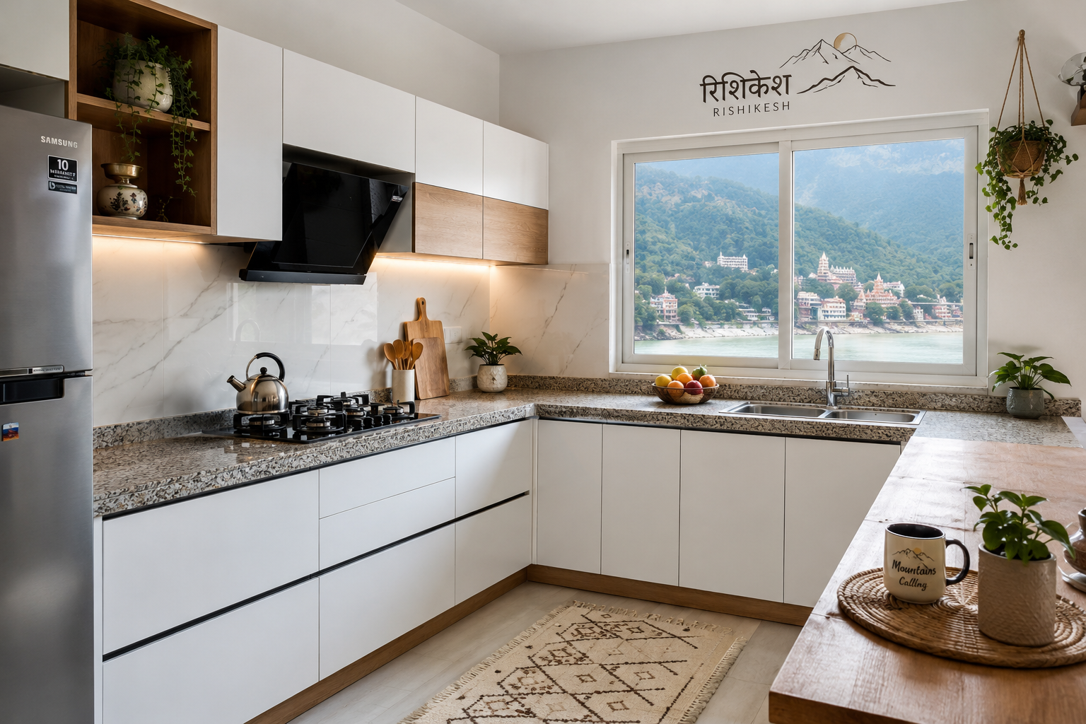 modular kitchen Rishikesh installed by Bhumim with L-shaped white cabinets and granite countertop
