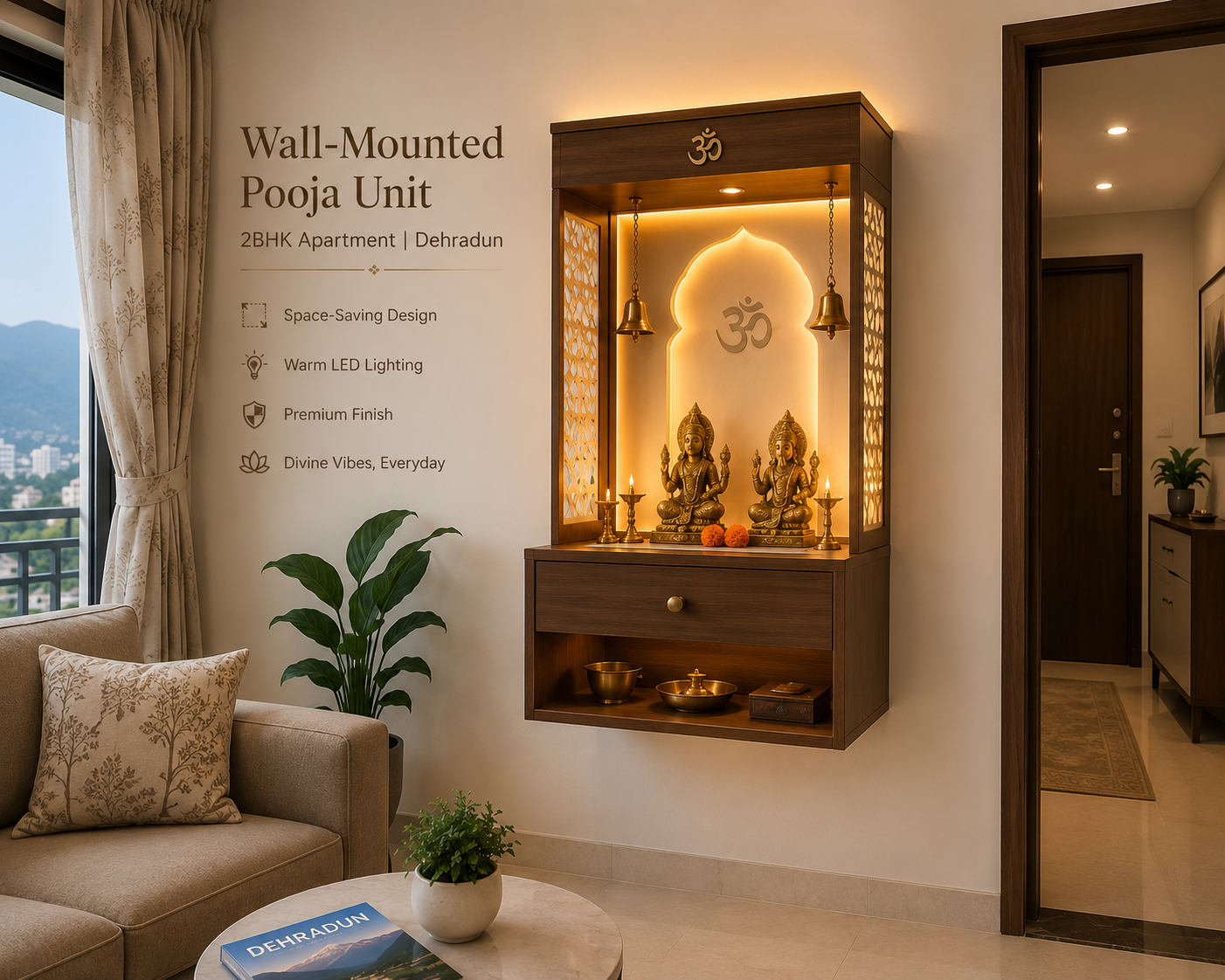 pooja unit wall mounted small apartment Dehradun modular mandir design