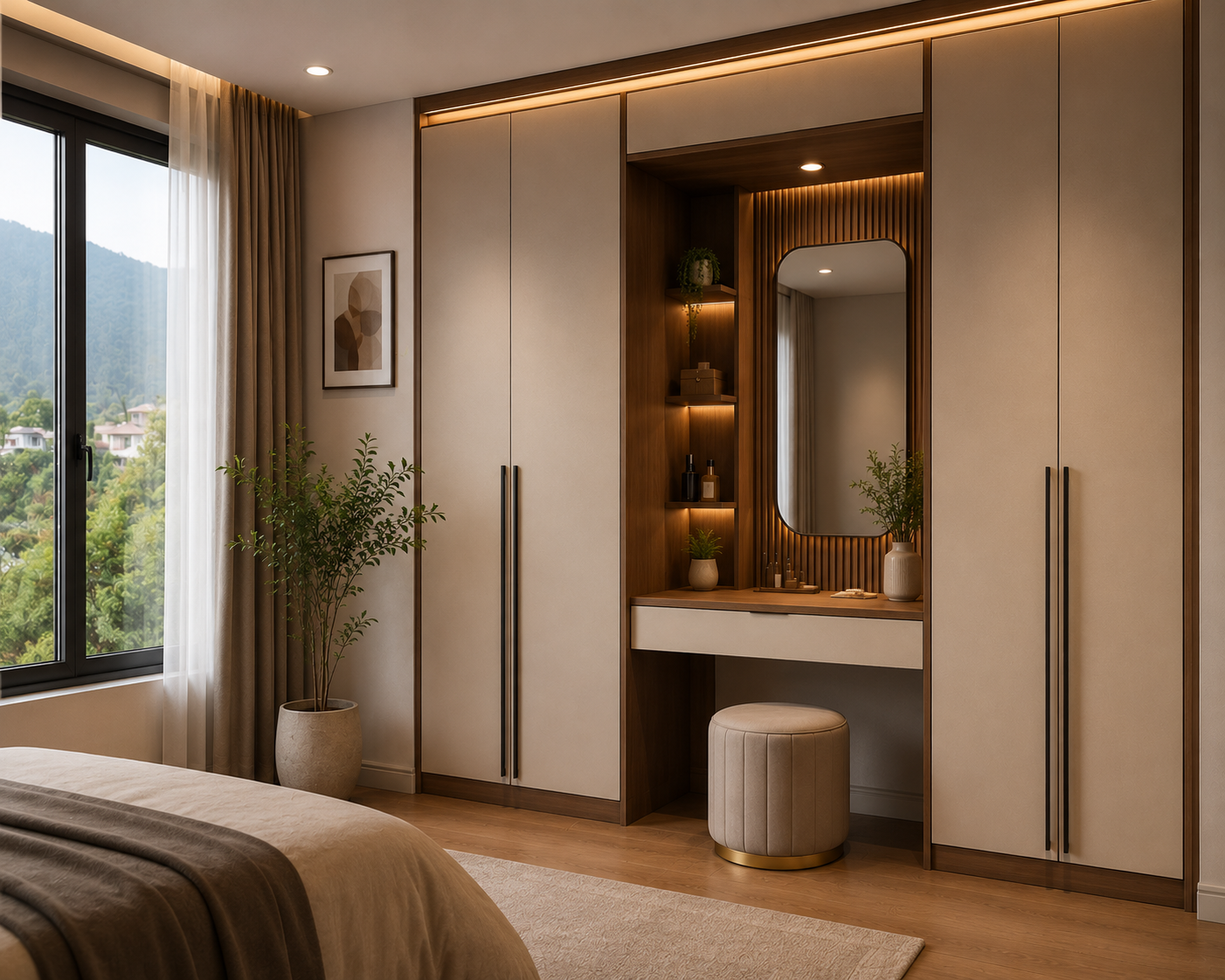 wardrobe with built-in dressing unit design in Dehradun bedroom