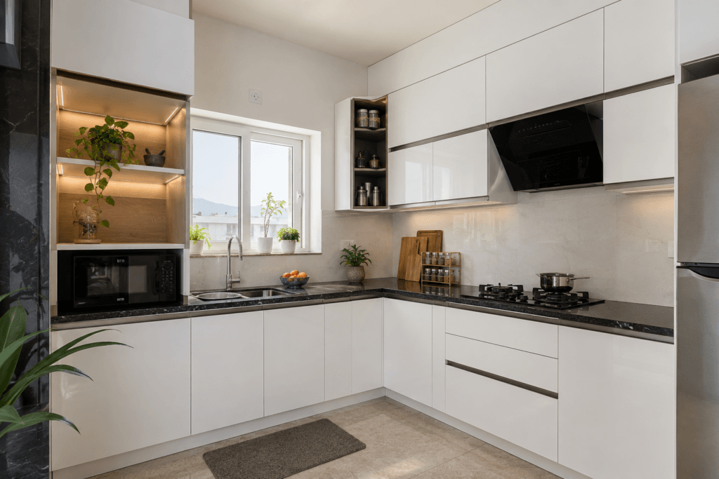 A mid-range L-shaped modular kitchen with acrylic shutters and Hettich hardware in a Dehradun 2BHK apartment