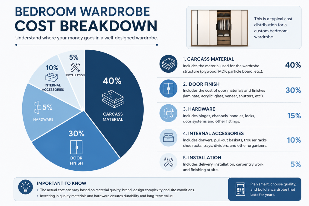 Bedroom wardrobe cost breakdown India 2026-material, hardware, finish, and installation components