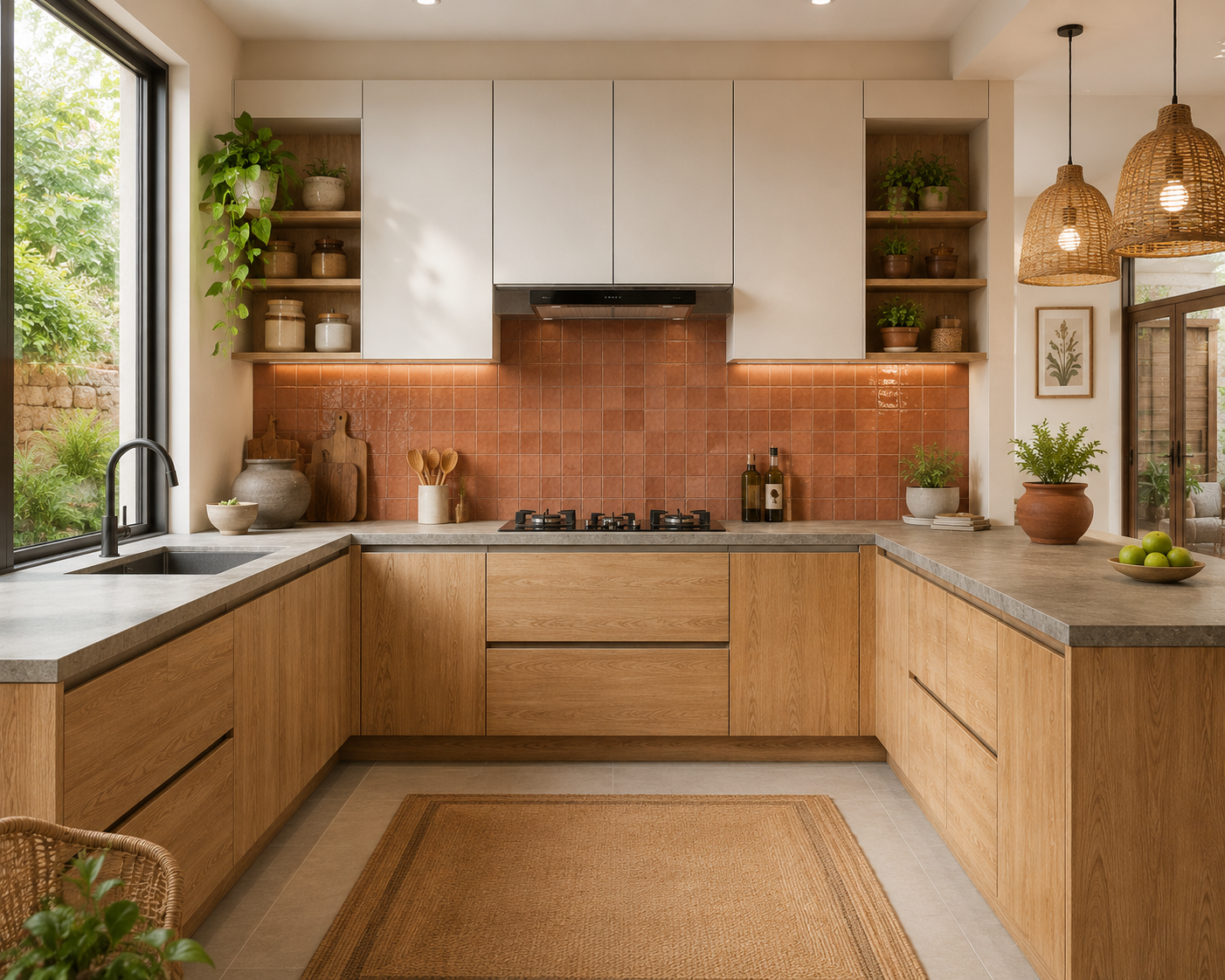 Biophilic modular kitchen design natural wood and stone texture India