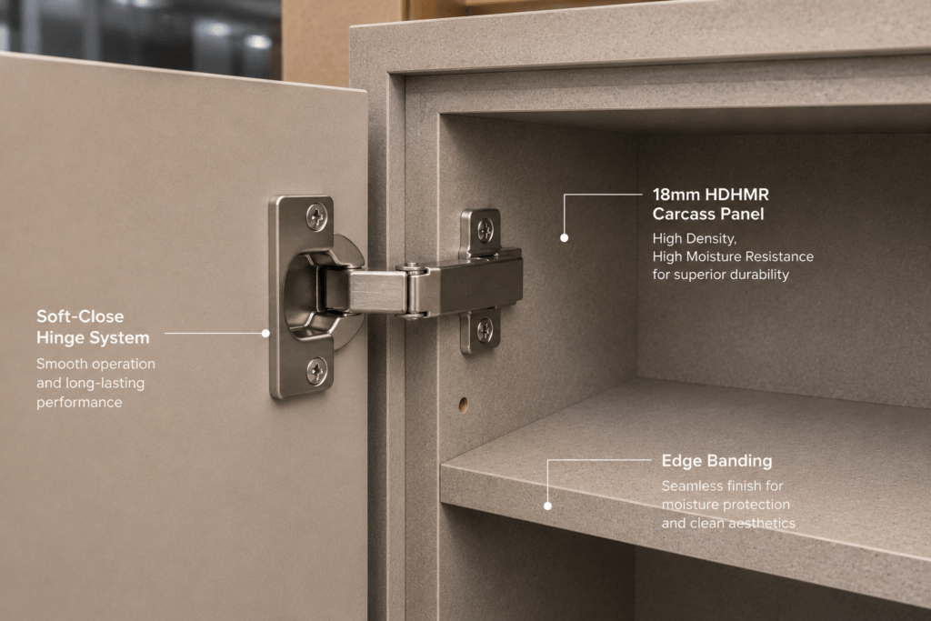 Close-up of HDHMR carcass material and soft-close hinge inside a Bhumim modular kitchen unit