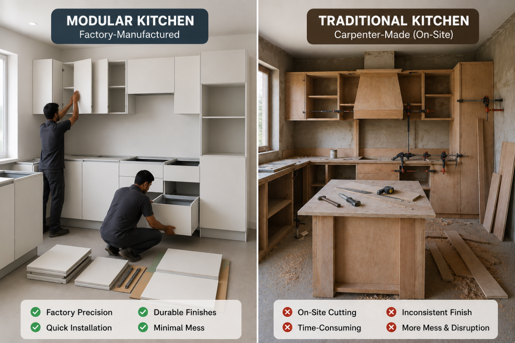 Comparison of modular kitchen and traditional kitchen installation in Indian home