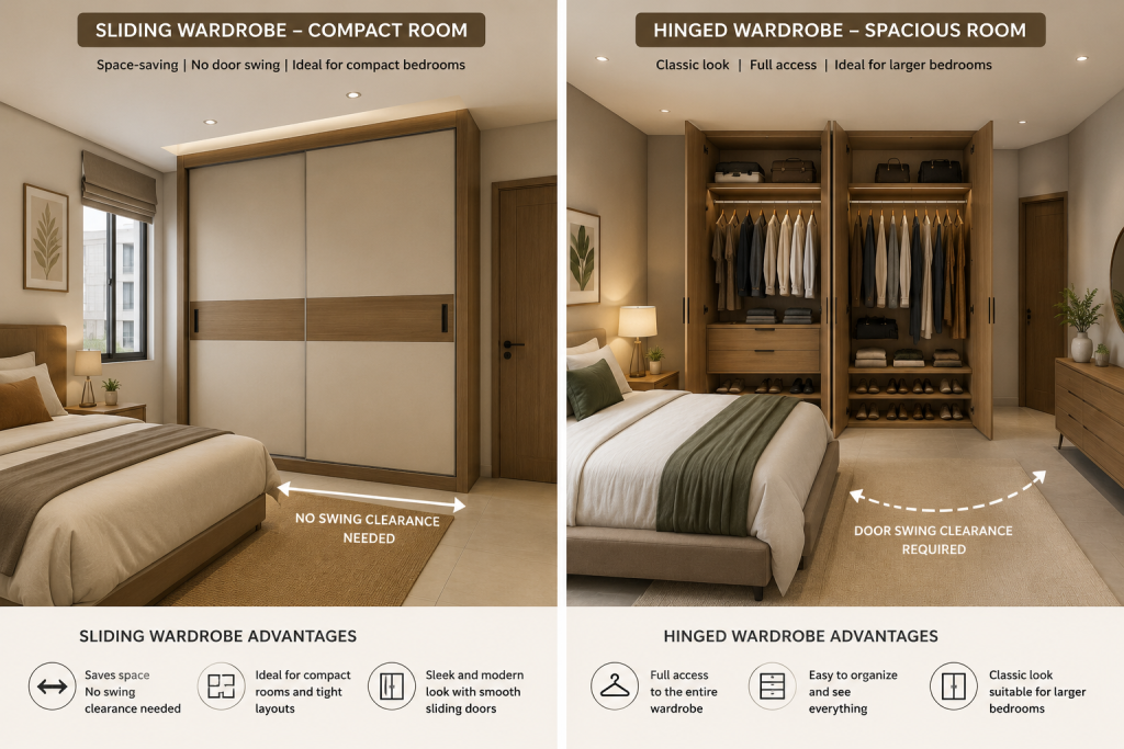 Comparison of sliding wardrobe vs hinged wardrobe design for Indian bedroom-clearance and access
