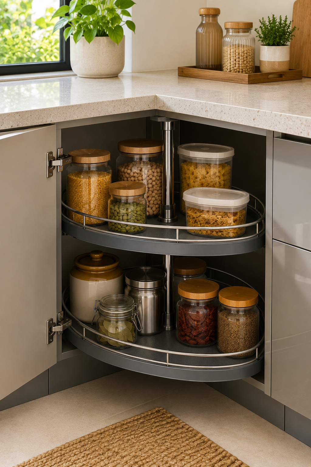 Corner carousel unit as a modular kitchen accessory