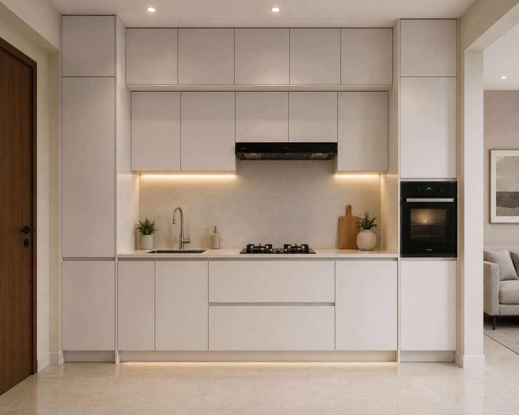 Handle-less modular kitchen design small 2BHK flat India 2026