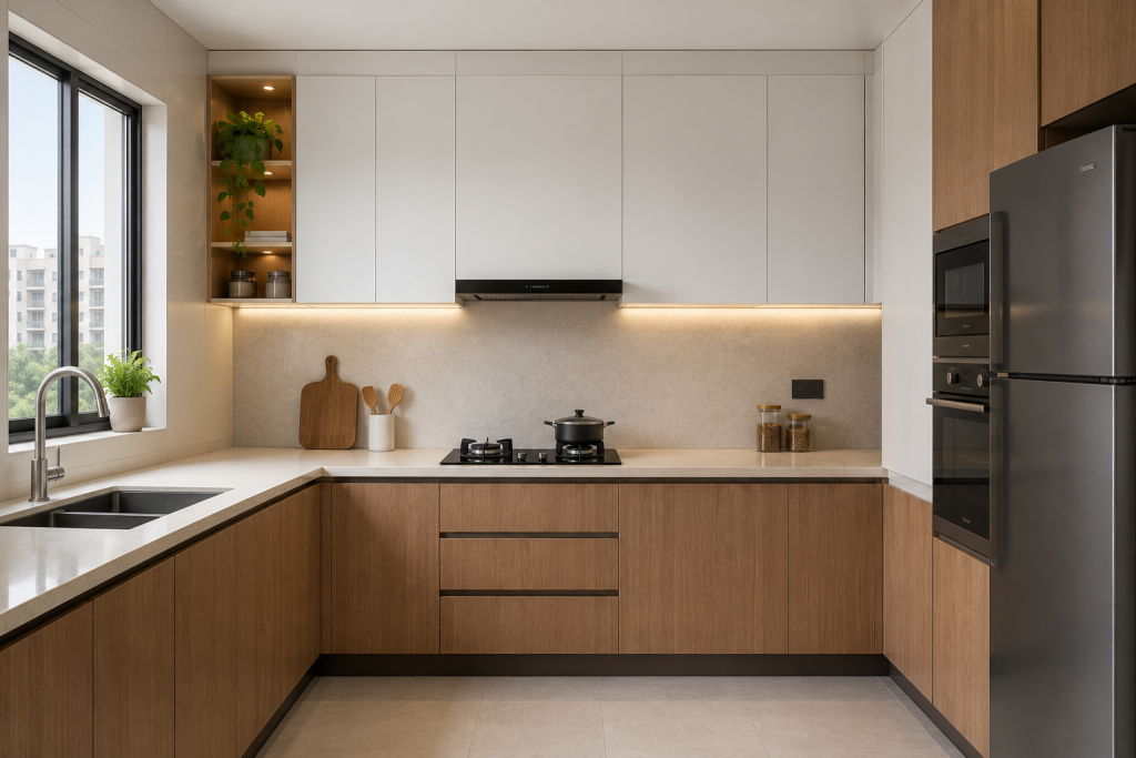 L shaped modular kitchen design in Indian 2BHK home with matte finish cabinets and quartz countertop