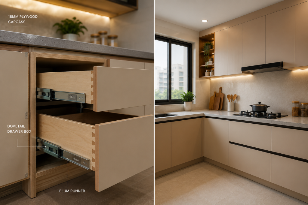 L shaped modular kitchen with HDHMR board carcass matte laminate shutters and quartz countertop