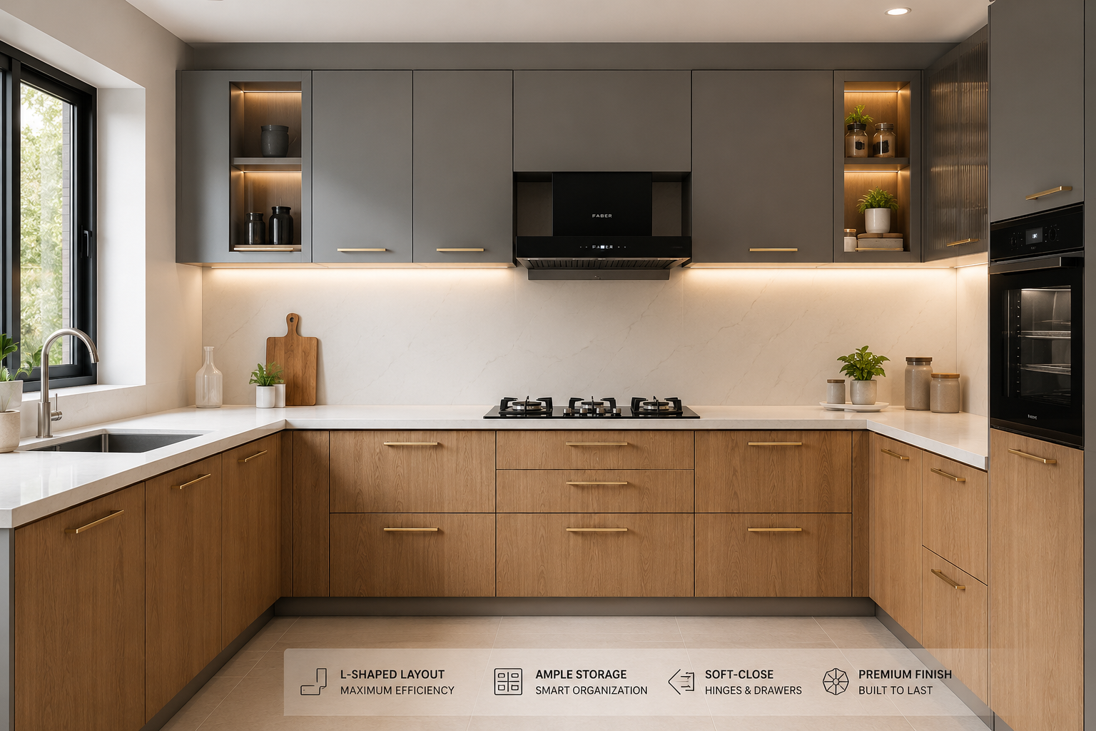Latest modular kitchen design 2025 with matte grey cabinets and warm wood lower units