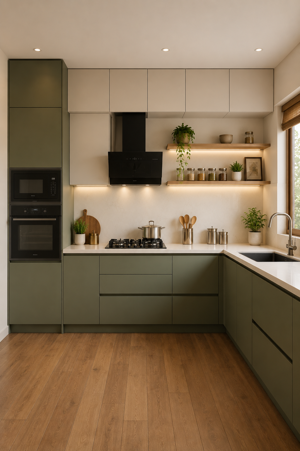 Latest modular kitchen design trend India 2025, matte green handle-less shutters with open shelves