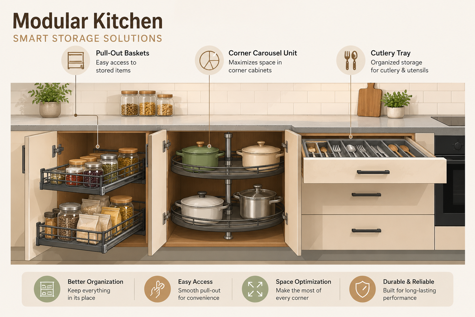 Modular kitchen accessories organized in base and wall units