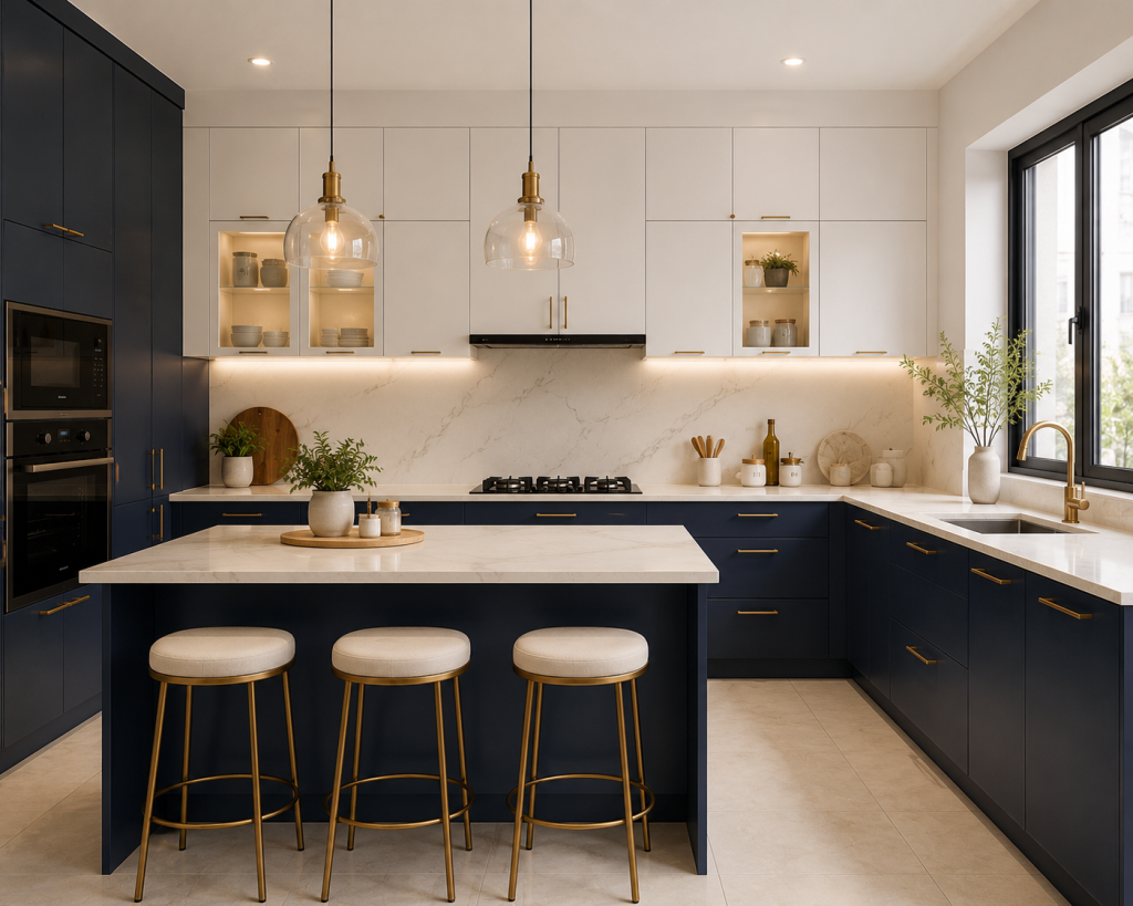 Modular kitchen color combination trending 2026 navy blue and white two tone laminate kitchen