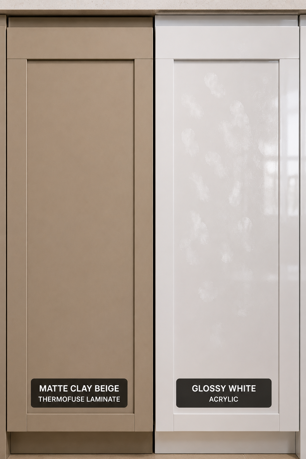 Modular kitchen finish comparison, matte laminate versus acrylic gloss for Indian kitchens