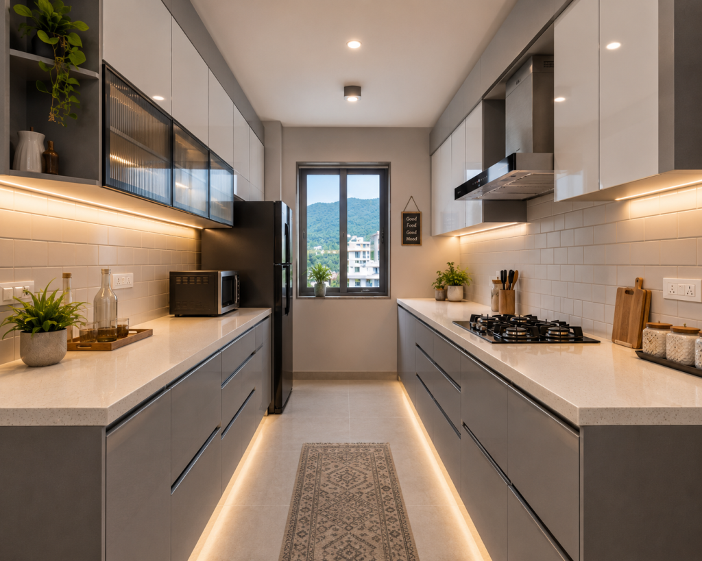 Parallel kitchen design for 2BHK flat Dehradun, galley layout with white cabinets