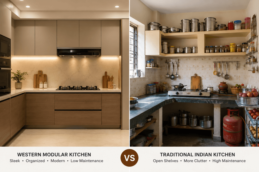 Side-by-side comparison of western modular kitchen design versus traditional open-shelf Indian kitchen