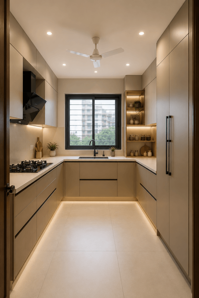 Small U shaped modular kitchen design for 3BHK apartment Dehradun Noida