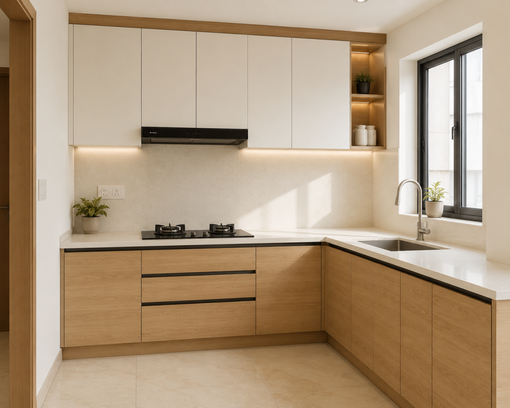 Small modular kitchen color combination white upper and wood lower cabinets Dehradun apartment