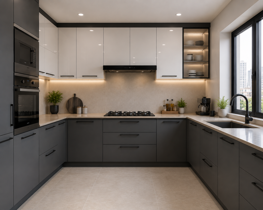 Two colour combination for kitchen laminates matte charcoal lower white upper modular kitchen India