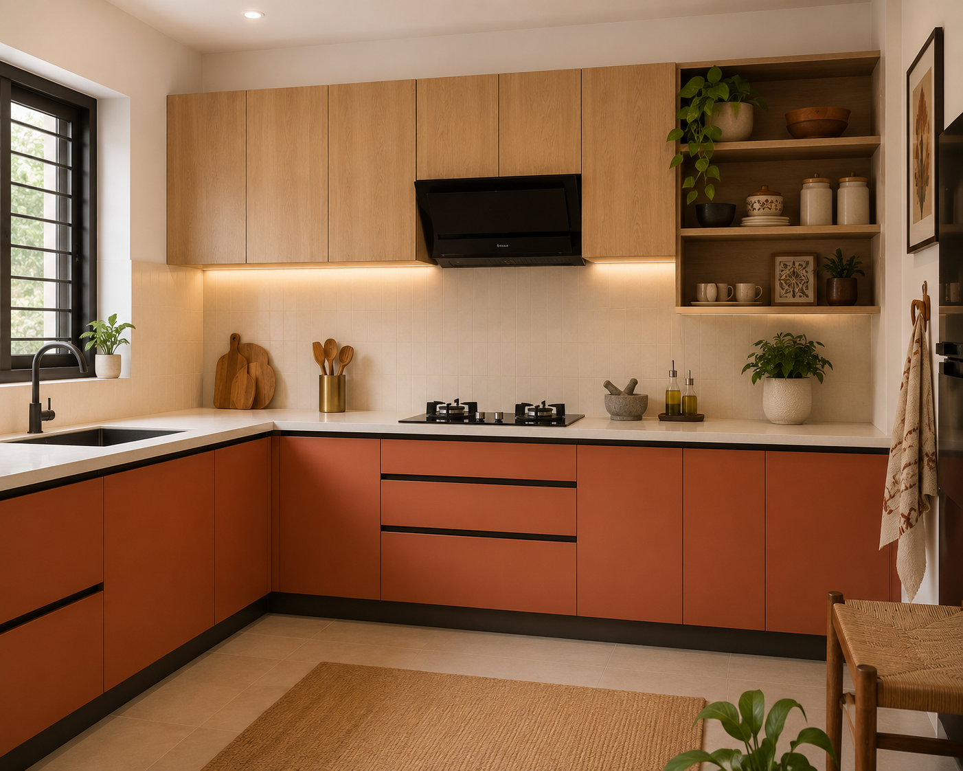 Two-tone modular kitchen earthy tone design India terracotta and wood