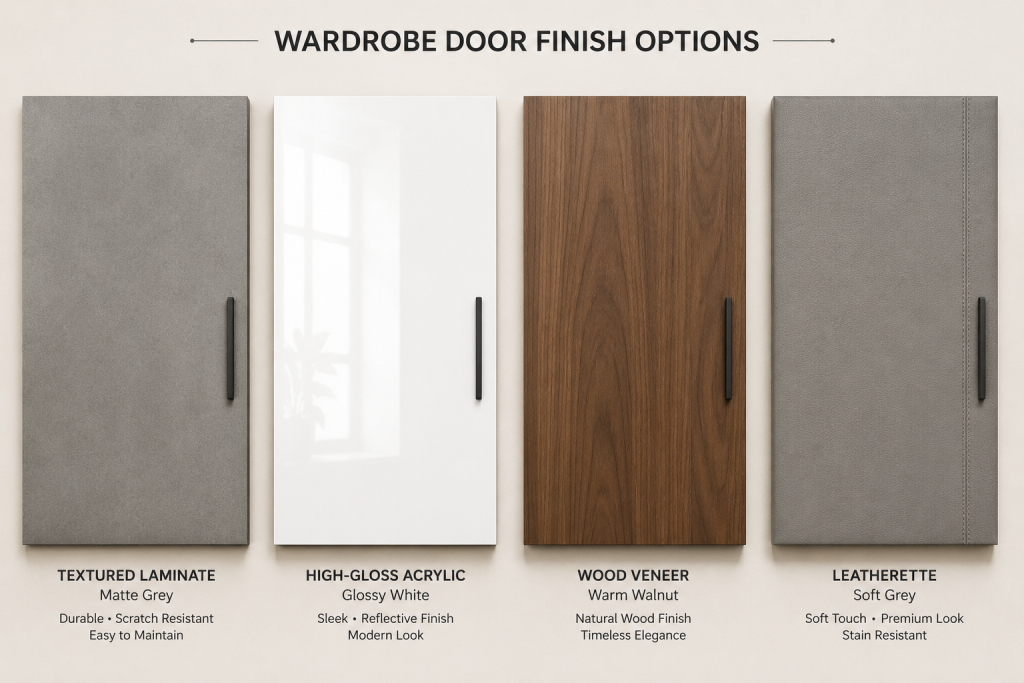 Wardrobe finish comparison-laminate, acrylic, veneer, and leatherette for Indian bedroom wardrobes