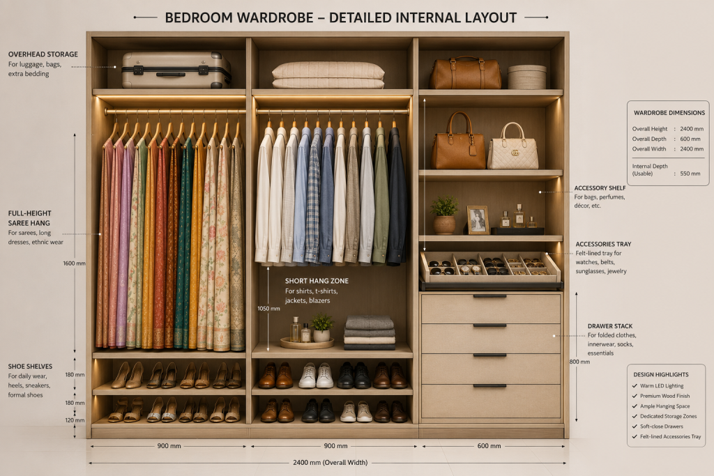 Wardrobe internal layout for Indian bedroom showing saree rack, shoe shelves, drawers, and hanging zones