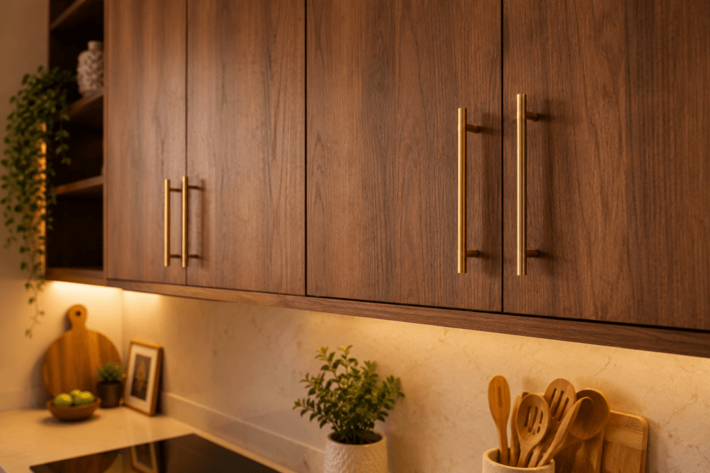 Warm western kitchen cabinet with wood grain laminate finish and brass hardware in Indian home