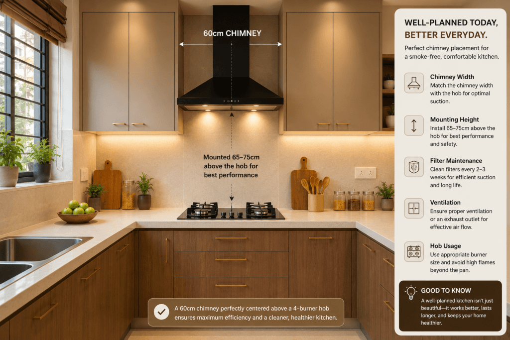 Well-planned western kitchen with proper exhaust chimney positioned directly above hob in Indian home
