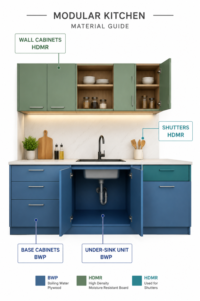 Zone-wise material guide BWP and HDMR modular kitchen Dehradun layout