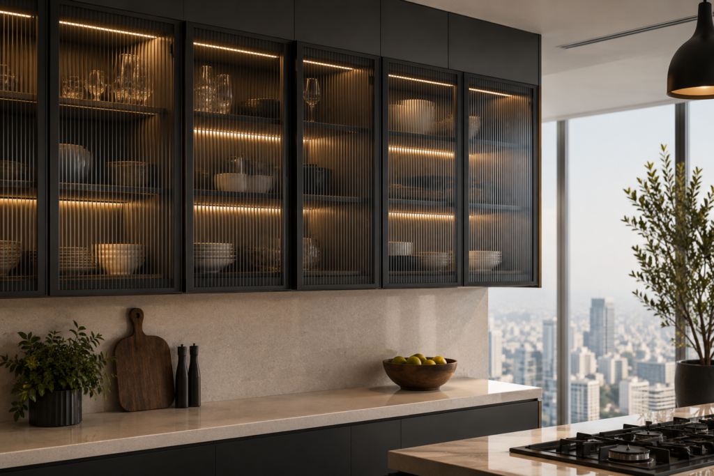 Slim aluminium profile kitchen cabinet with fluted glass shutters in a modern Noida apartment kitchen