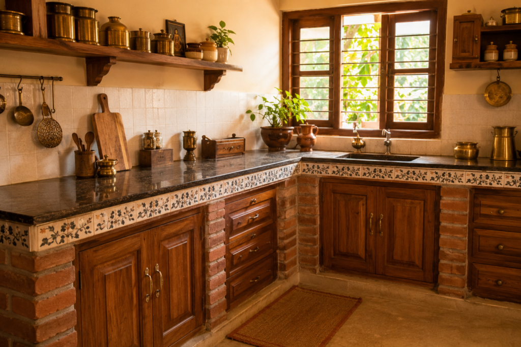 Brick masonry kitchen platform with dado tiles and teak wood shutters in a Roorkee independent home