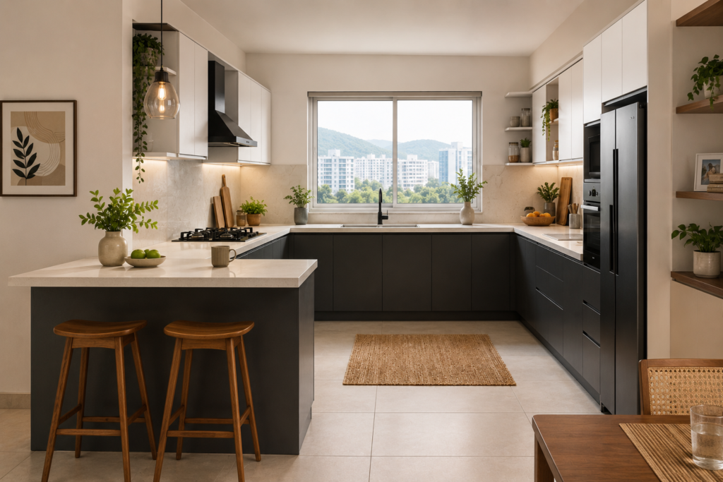 C shaped kitchen with breakfast bar peninsula showing bar stools and counter overhang in a Noida apartment