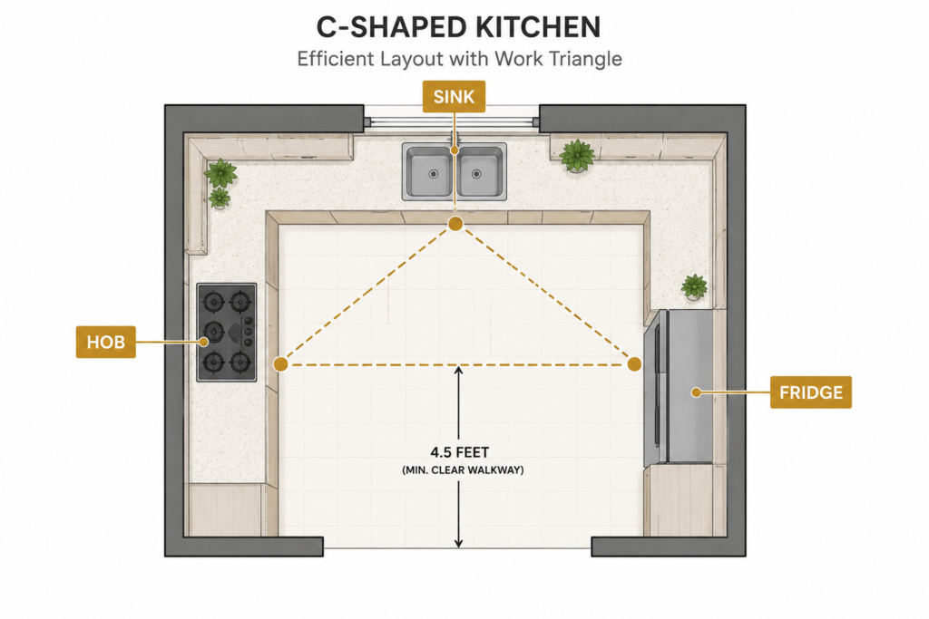 Annotated floor plan of a c shaped kitchen layout showing the golden work triangle in a 10x12 ft Indian home