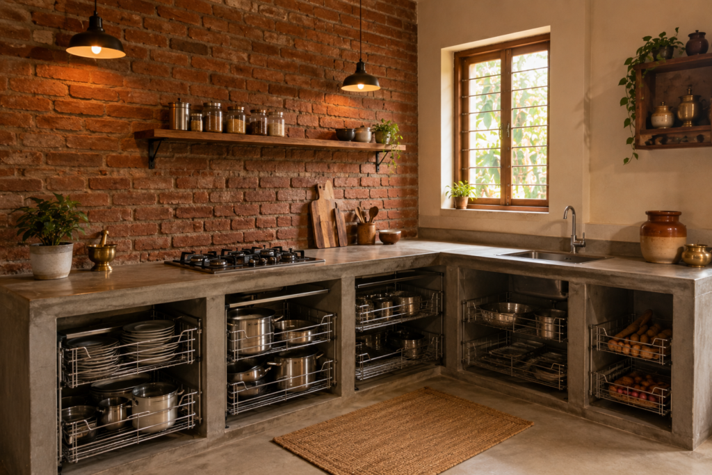 Concrete countertop kitchen with stainless steel pull-out baskets in a minimalist Indian home
