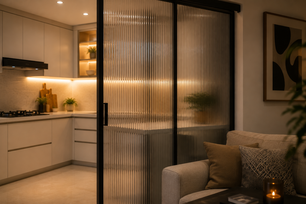 Fluted glass sliding partition between open modular kitchen and living room in a Noida apartment
