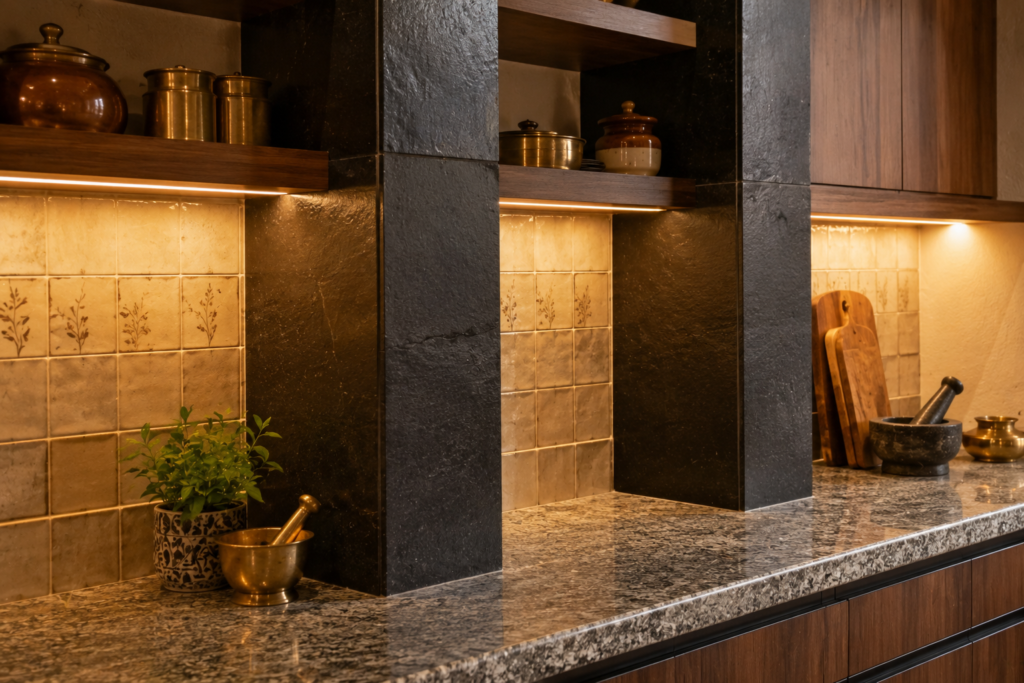 Kadappa stone frame kitchen with granite countertop in a Dehradun ground floor home