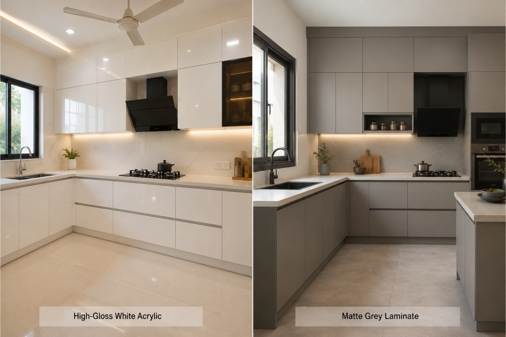 matte vs acrylic modular kitchen finish comparison in Indian home
