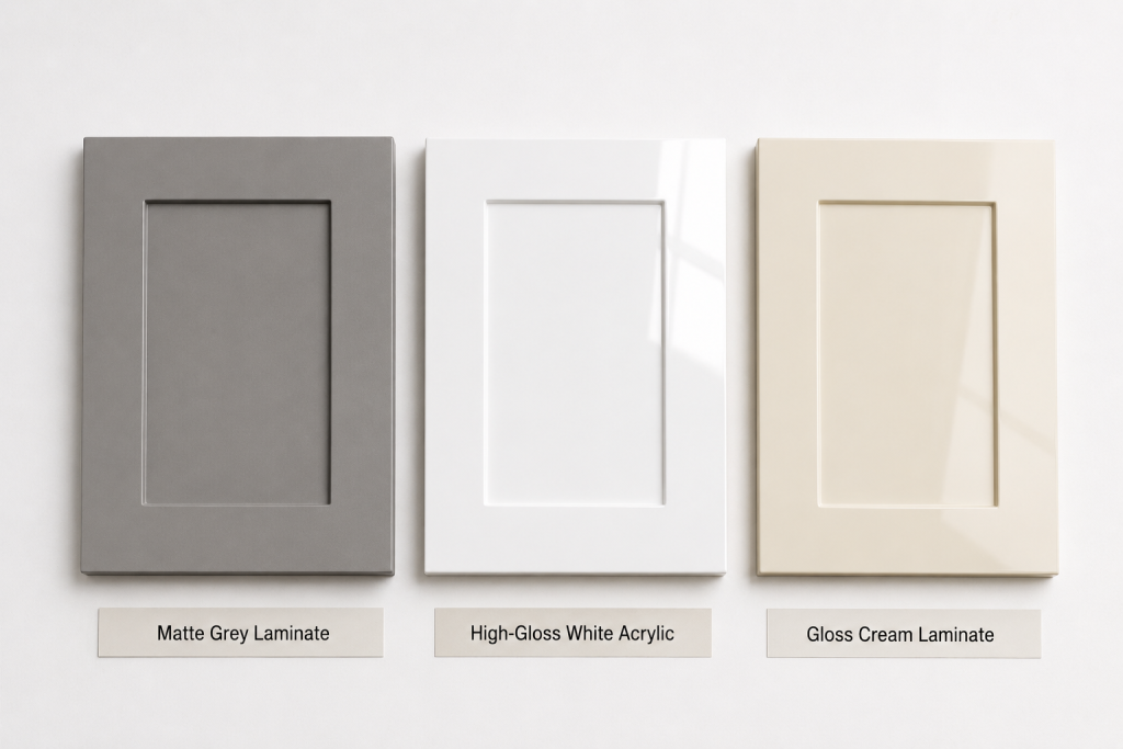 modular kitchen finish comparison table India matte laminate acrylic gloss