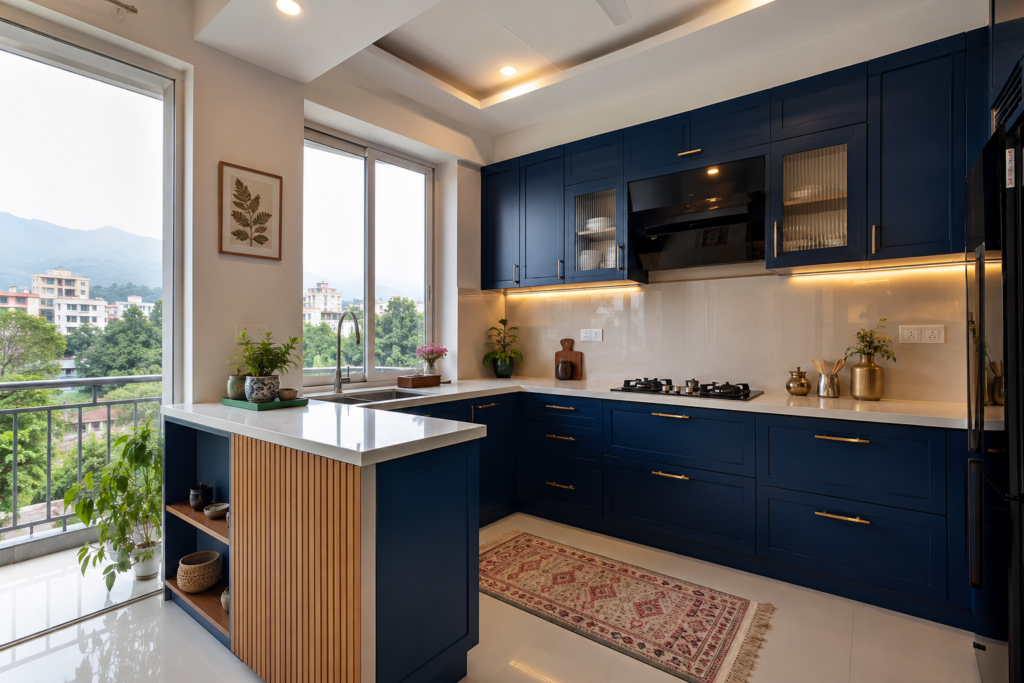 Navy blue L-shaped modular kitchen with brass handles and white quartz countertop in a Dehradun home
