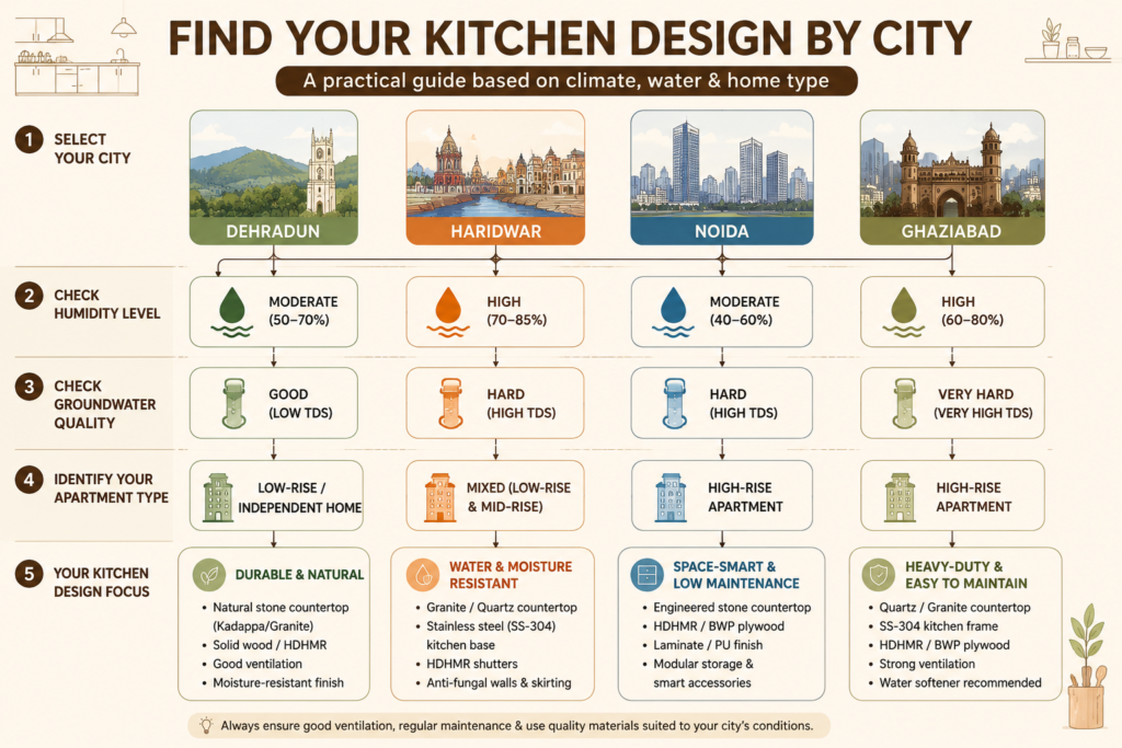 Kitchen design selection guide for Indian cities based on climate and wall construction