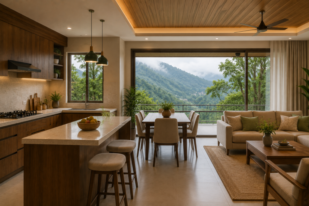 Open plan modular kitchen with HDHMR cabinets in a Dehradun villa with large windows showing garden view