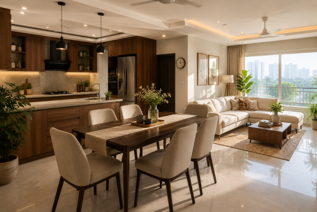 Open plan kitchen dining and living room in a modern Indian apartment with warm wood tones and a breakfast counter partition