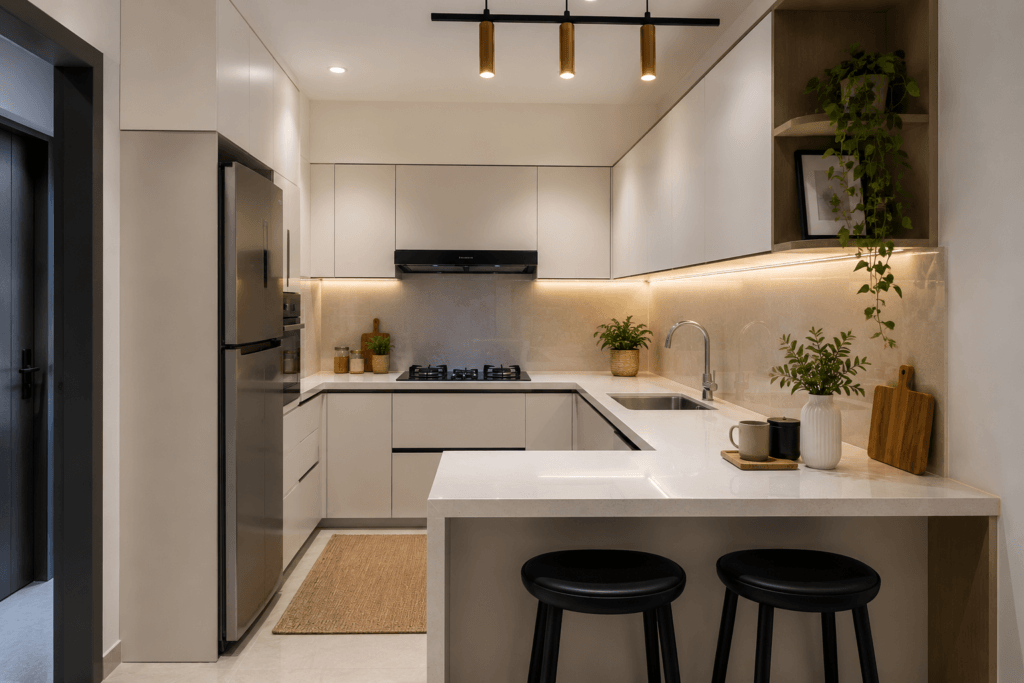 Parallel modular kitchen in a Noida 2BHK flat with a white quartz peninsula breakfast counter and two bar stools