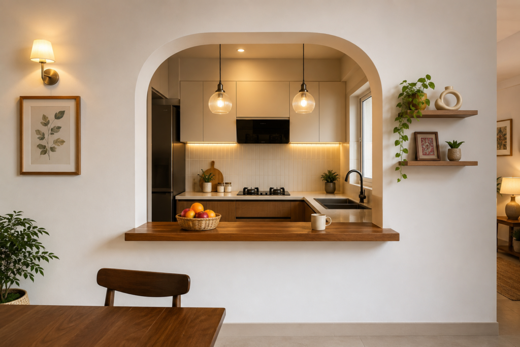 Segmental POP arch kitchen design with pass-through hatch and modular kitchen visible behind in a 2BHK apartment