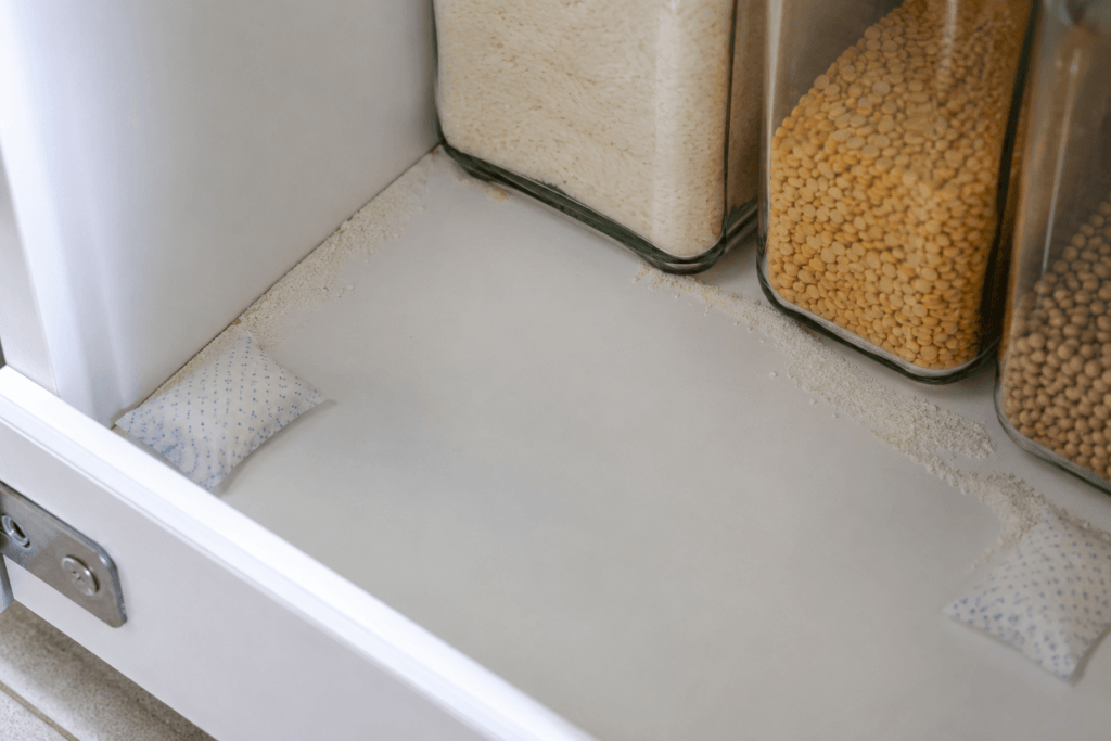 Silica gel sachets and food-safe diatomaceous earth placed inside a modular kitchen pantry unit to prevent ants and moisture damage during Indian monsoon season