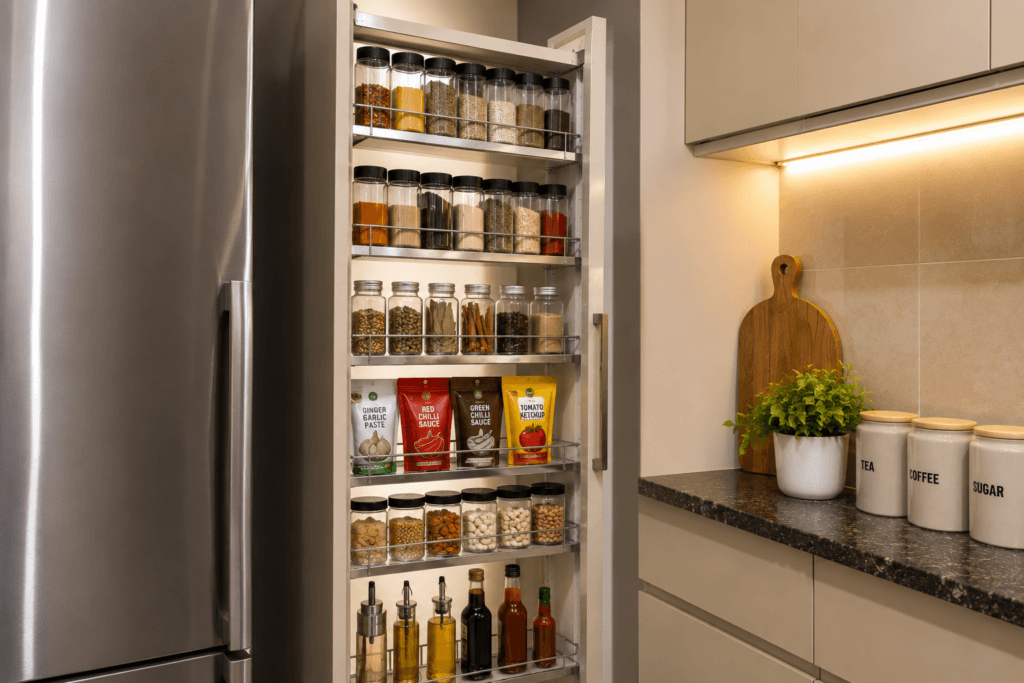 A 200mm slim pull-out pantry unit installed in a narrow gap between a refrigerator and a kitchen wall, holding spice bottles and oil dispensers in a Delhi apartment kitchen