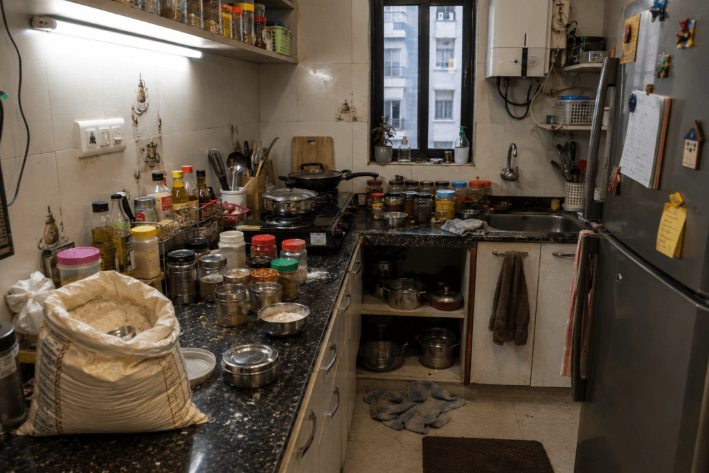 A cluttered Indian apartment kitchen countertop overflowing with masala jars, oil bottles, and flour bags before a modular pantry unit installation