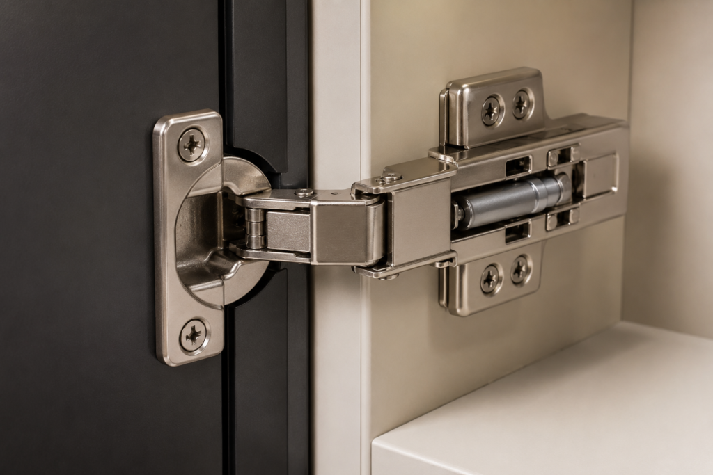 Close-up of soft-close hinge on aluminium kitchen cabinet door during installation