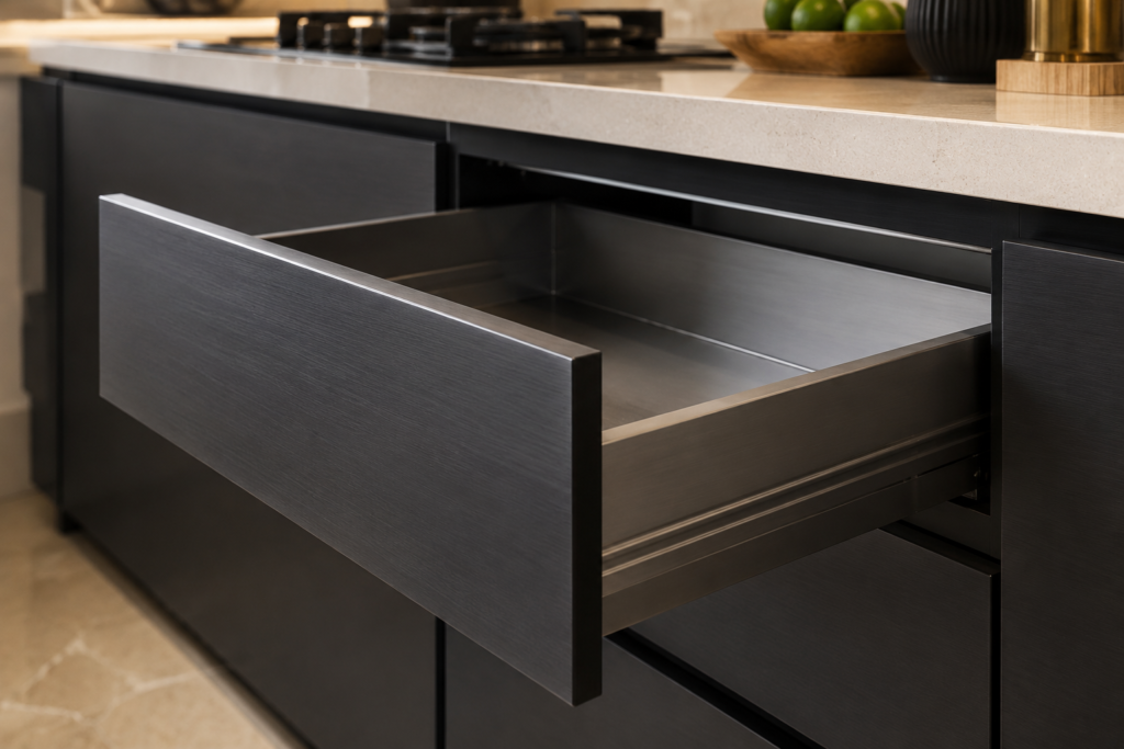 Solid double-walled aluminium kitchen cabinet with clean satin finish and integrated handles