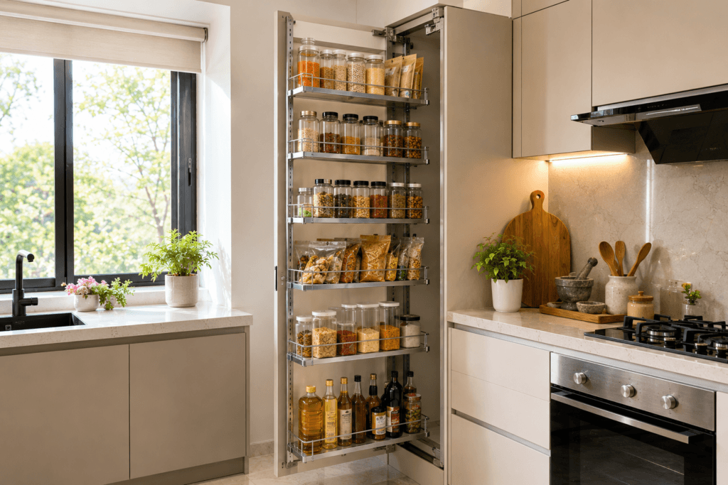 A full-height tall swing larder pantry unit open in a modular kitchen showing organised grocery items on multiple swing-out shelves in an Indian home